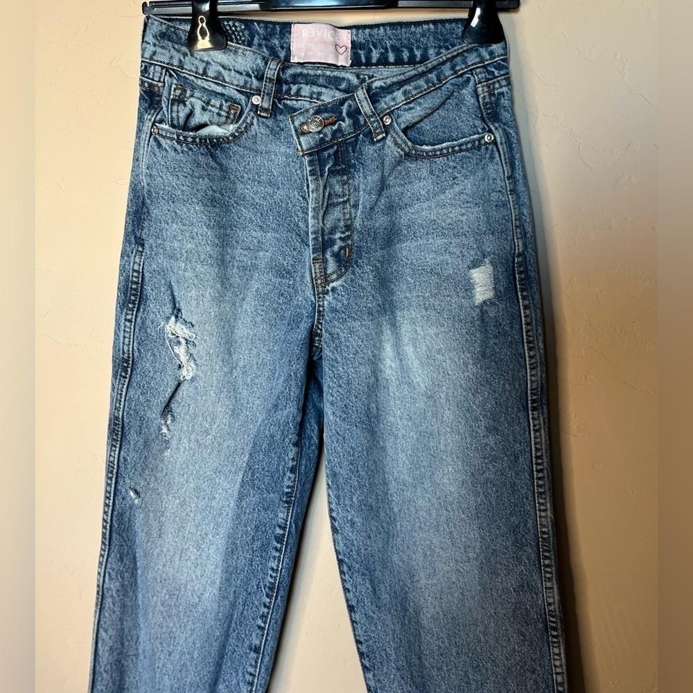 Revice Cross Over Distressed Straight Leg Denim Jeans Women's Size 27